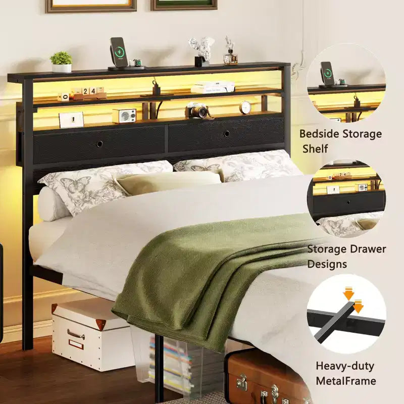 Base de cama de plataforma de tamaño completo con luces LED, estación de carga, cabecera con almacenamiento, estante, 2 cajones de tela, no requiere somier, dormitorio gamer juvenil con USB