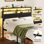 Base de cama de plataforma de tamaño completo con luces LED, estación de carga, cabecera con almacenamiento, estante, 2 cajones de tela, no requiere somier, dormitorio gamer juvenil con USB