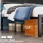 Base de cama de plataforma de tamaño completo con luces LED, estación de carga, cabecera con almacenamiento, estante, 2 cajones de tela, no requiere somier, dormitorio gamer juvenil con USB