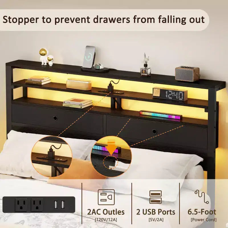 Base de cama de plataforma de tamaño completo con luces LED, estación de carga, cabecera con almacenamiento, estante, 2 cajones de tela, no requiere somier, dormitorio gamer juvenil con USB