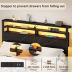 Base de cama de plataforma de tamaño completo con luces LED, estación de carga, cabecera con almacenamiento, estante, 2 cajones de tela, no requiere somier, dormitorio gamer juvenil con USB