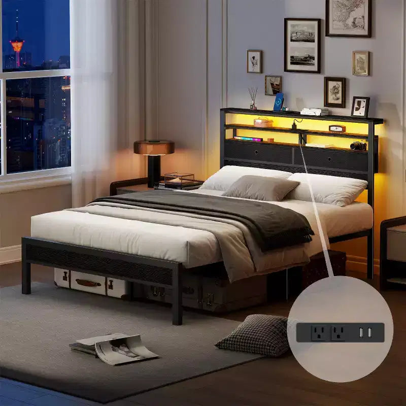 Base de cama de plataforma de tamaño completo con luces LED, estación de carga, cabecera con almacenamiento, estante, 2 cajones de tela, no requiere somier, dormitorio gamer juvenil con USB