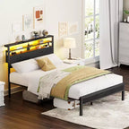 Base de cama de plataforma de tamaño completo con luces LED, estación de carga, cabecera con almacenamiento, estante, 2 cajones de tela, no requiere somier, dormitorio gamer juvenil con USB
