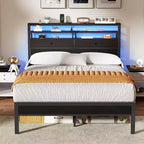 Base de cama de plataforma de tamaño completo con luces LED, estación de carga, cabecera con almacenamiento, estante, 2 cajones de tela, no requiere somier, dormitorio gamer juvenil con USB
