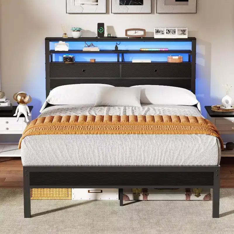 Base de cama de plataforma de tamaño completo con luces LED, estación de carga, cabecera con almacenamiento, estante, 2 cajones de tela, no requiere somier, dormitorio gamer juvenil con USB