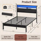 Base de cama de plataforma de tamaño completo con luces LED, estación de carga, cabecera con almacenamiento, estante, 2 cajones de tela, no requiere somier, dormitorio gamer juvenil con USB