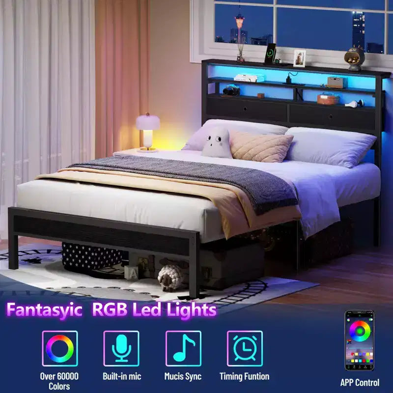 Base de cama de plataforma de tamaño completo con luces LED, estación de carga, cabecera con almacenamiento, estante, 2 cajones de tela, no requiere somier, dormitorio gamer juvenil con USB