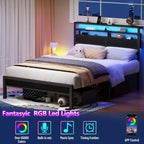 Base de cama de plataforma de tamaño completo con luces LED, estación de carga, cabecera con almacenamiento, estante, 2 cajones de tela, no requiere somier, dormitorio gamer juvenil con USB