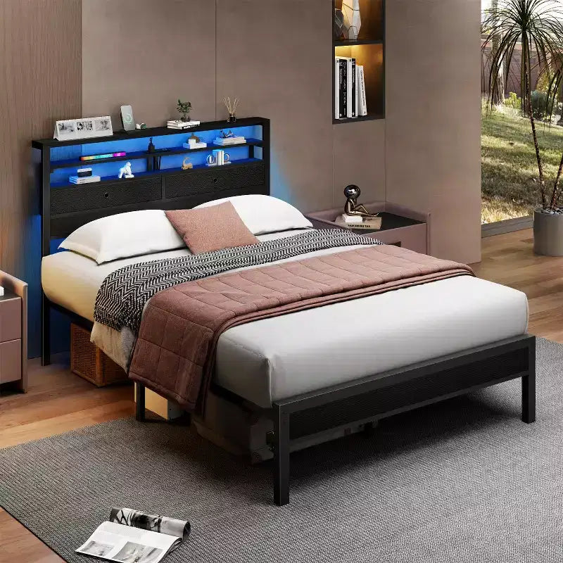 Base de cama de plataforma de tamaño completo con luces LED, estación de carga, cabecera con almacenamiento, estante, 2 cajones de tela, no requiere somier, dormitorio gamer juvenil con USB