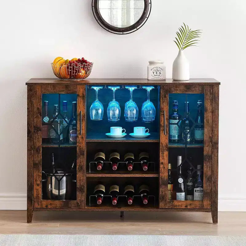 Mueble Bar para Vinos con Botellero Desmontable, Mueble para Vinos con Puerta de Malla, Mueble para Licores con Soporte para Copas, Barra de Café para el Hogar