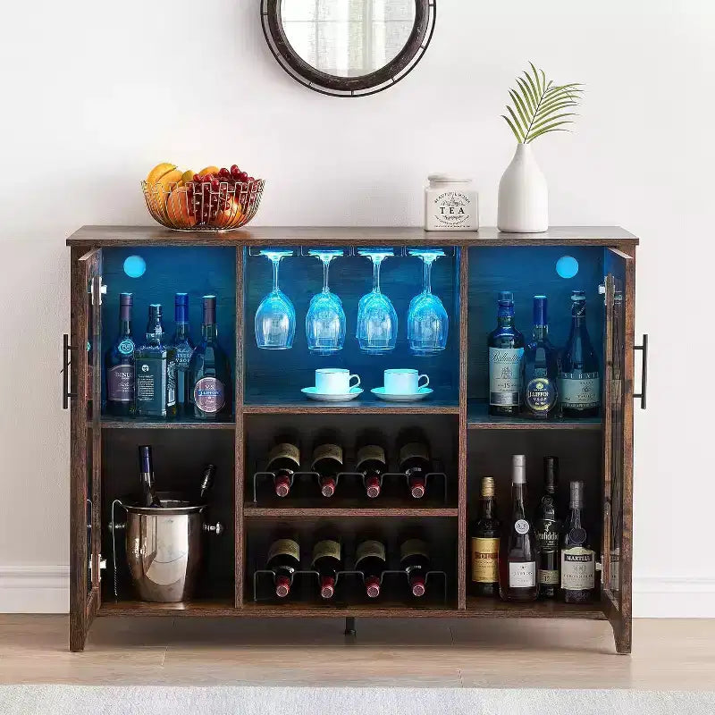 Mueble Bar para Vinos con Botellero Desmontable, Mueble para Vinos con Puerta de Malla, Mueble para Licores con Soporte para Copas, Barra de Café para el Hogar