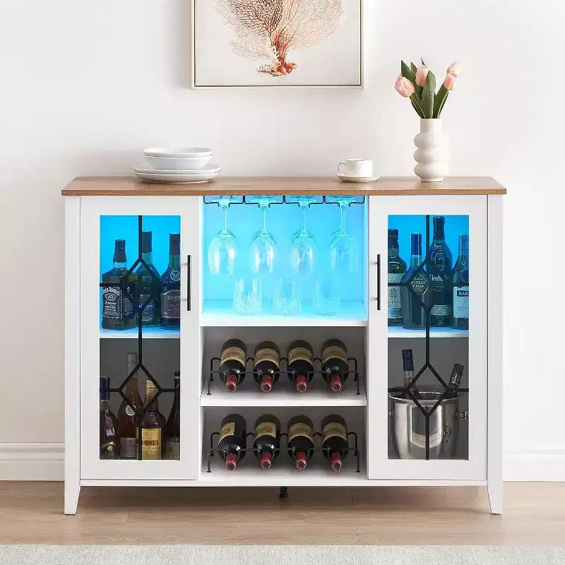 Mueble Bar para Vinos con Botellero Desmontable, Mueble para Vinos con Puerta de Malla, Mueble para Licores con Soporte para Copas, Barra de Café para el Hogar