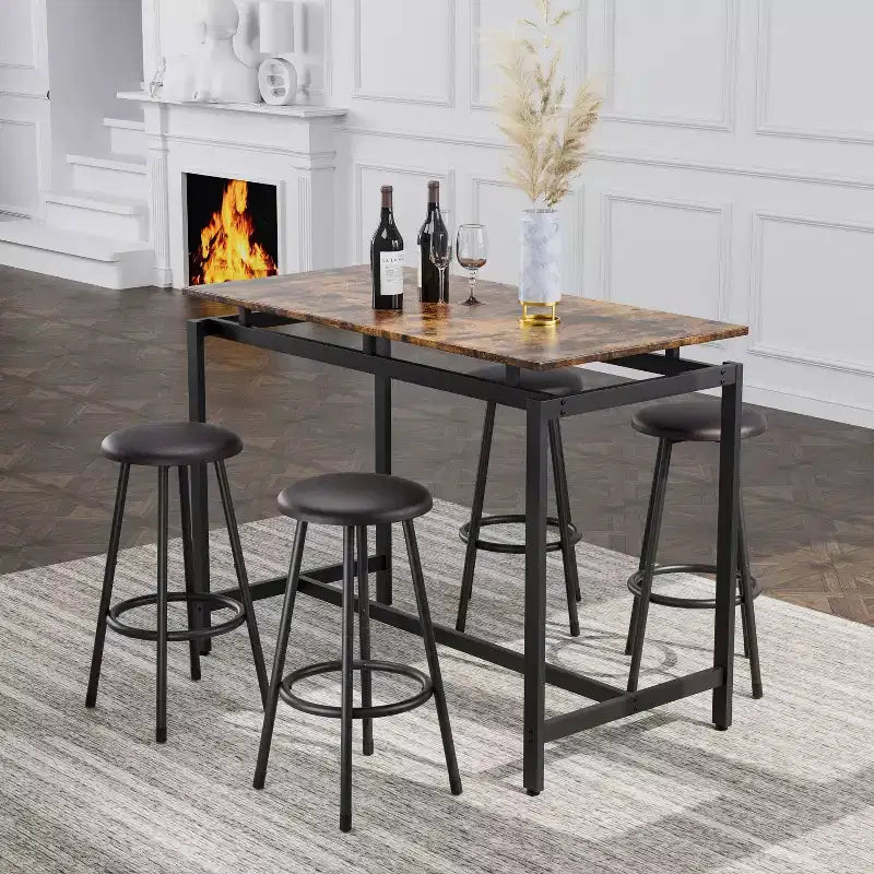 Okak 5-Piece Counter Height Set, Kitchen Bar Table with 4 Matching Stools, Complete Dining Solution for Kitchen, Dining Room and Home Bar, Brown