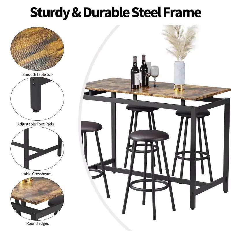 Mesa de Comedor de Altura de Mostrador, Barra de Cocina con Taburetes a Juego, Solución Completa de Comedor para Cocina, Comedor y Bar en Casa, Marrón