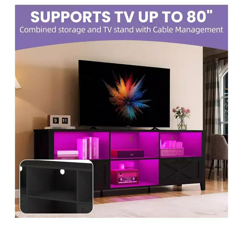 Mueble de TV de estilo rústico de 70 pulgadas para televisores de 60/70/80 pulgadas, centro de entretenimiento LED con armarios de almacenamiento, consola multimedia para sala de estar