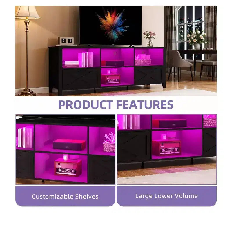 Mueble de TV de estilo rústico de 70 pulgadas para televisores de 60/70/80 pulgadas, centro de entretenimiento LED con armarios de almacenamiento, consola multimedia para sala de estar