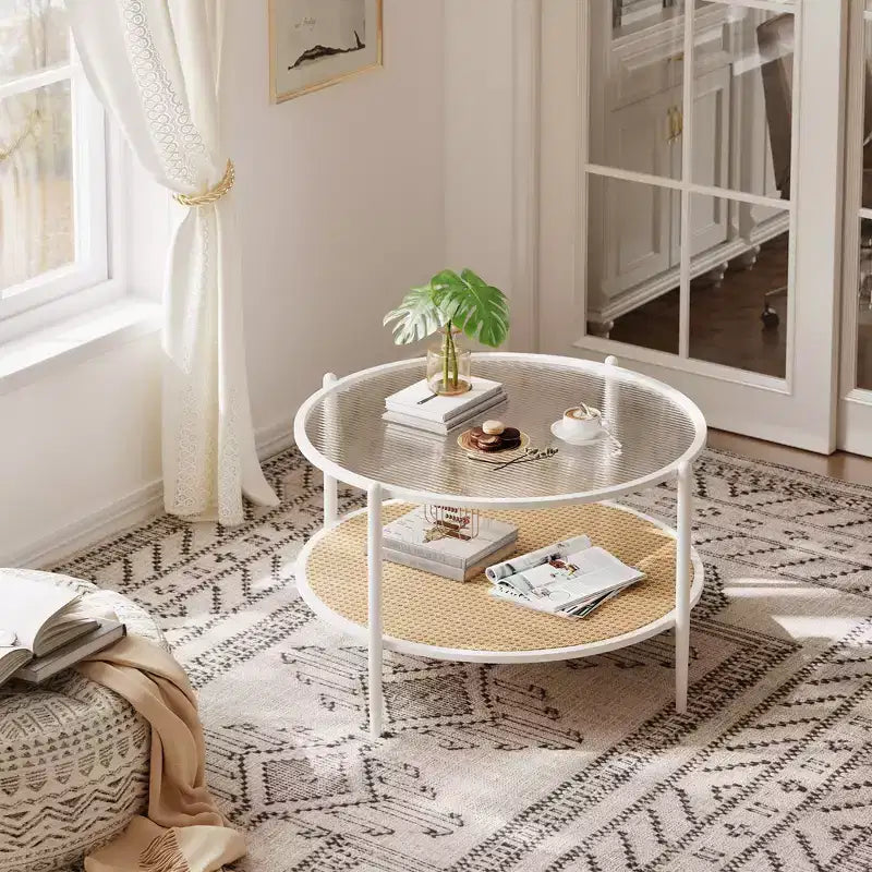 Mesa de café redonda de 30" con estante de almacenamiento de 2 niveles, cubierta de cristal moderna estilo boho y base de metal, mesa de cóctel circular estilo rústico para sala de estar