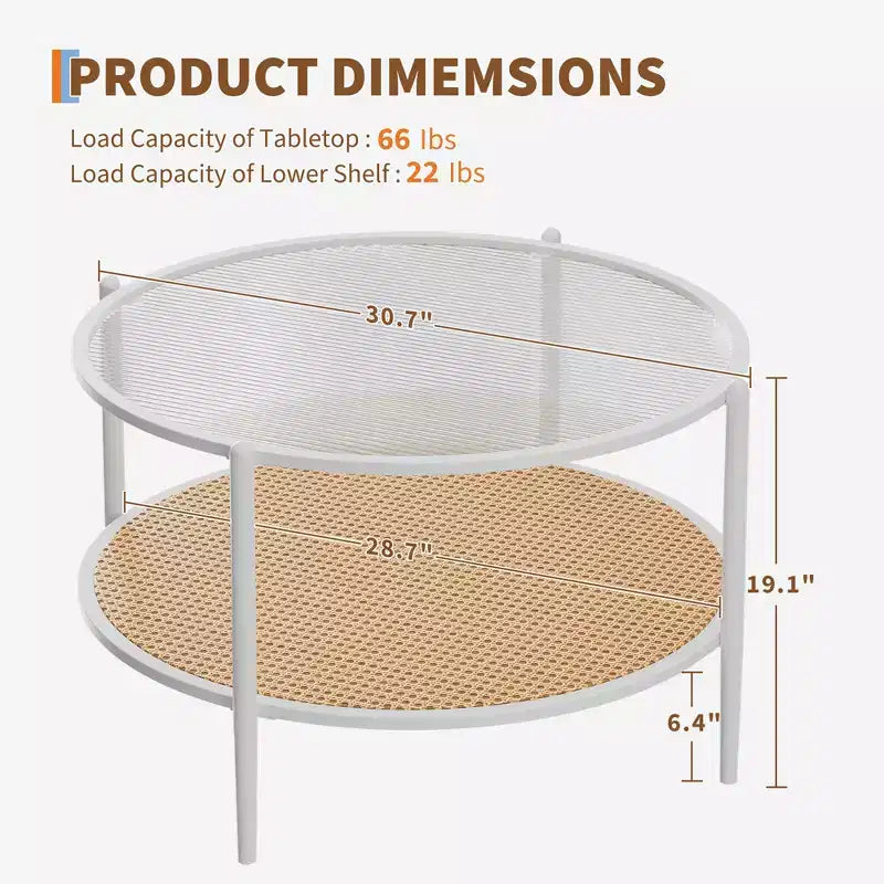 Mesa de café redonda de 30" con estante de almacenamiento de 2 niveles, cubierta de cristal moderna estilo boho y base de metal, mesa de cóctel circular estilo rústico para sala de estar