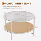 Mesa de café redonda de 30" con estante de almacenamiento de 2 niveles, cubierta de cristal moderna estilo boho y base de metal, mesa de cóctel circular estilo rústico para sala de estar