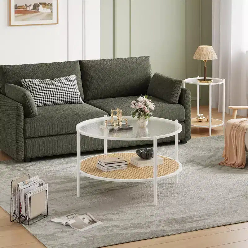 Mesa de café redonda de 30" con estante de almacenamiento de 2 niveles, cubierta de cristal moderna estilo boho y base de metal, mesa de cóctel circular estilo rústico para sala de estar