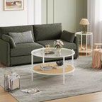 Mesa de café redonda de 30" con estante de almacenamiento de 2 niveles, cubierta de cristal moderna estilo boho y base de metal, mesa de cóctel circular estilo rústico para sala de estar