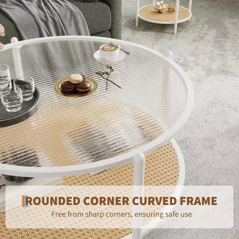 Mesa de café redonda de 30" con estante de almacenamiento de 2 niveles, cubierta de cristal moderna estilo boho y base de metal, mesa de cóctel circular estilo rústico para sala de estar