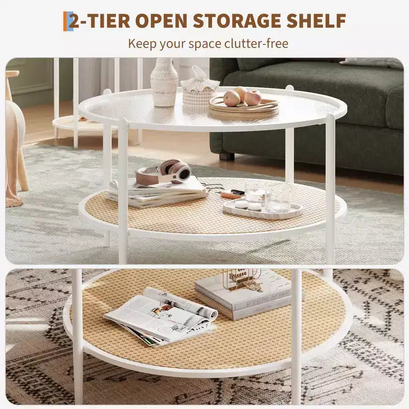 Mesa de café redonda de 30" con estante de almacenamiento de 2 niveles, cubierta de cristal moderna estilo boho y base de metal, mesa de cóctel circular estilo rústico para sala de estar