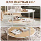 Mesa de café redonda de 30" con estante de almacenamiento de 2 niveles, cubierta de cristal moderna estilo boho y base de metal, mesa de cóctel circular estilo rústico para sala de estar