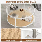 Mesa de café redonda de 30" con estante de almacenamiento de 2 niveles, cubierta de cristal moderna estilo boho y base de metal, mesa de cóctel circular estilo rústico para sala de estar