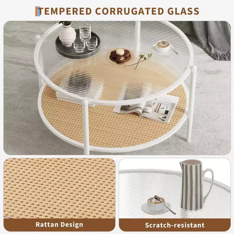 Mesa de café redonda de 30" con estante de almacenamiento de 2 niveles, cubierta de cristal moderna estilo boho y base de metal, mesa de cóctel circular estilo rústico para sala de estar