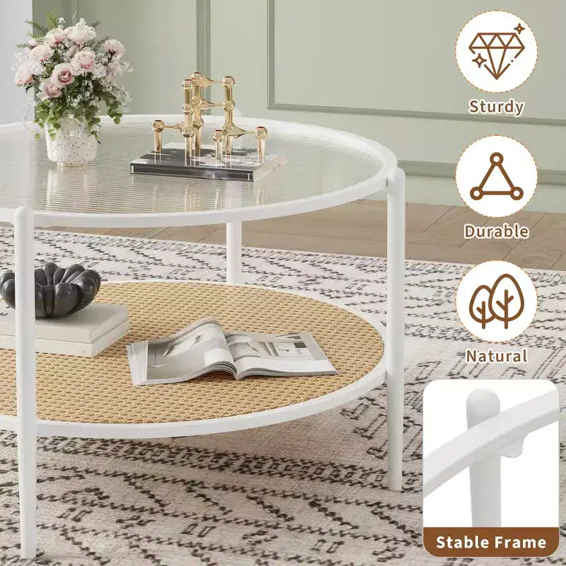 Mesa de café redonda de 30" con estante de almacenamiento de 2 niveles, cubierta de cristal moderna estilo boho y base de metal, mesa de cóctel circular estilo rústico para sala de estar