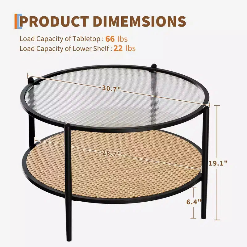 Mesa de café redonda de 30" con estante de almacenamiento de 2 niveles, cubierta de cristal moderna estilo boho y base de metal, mesa de cóctel circular estilo rústico para sala de estar