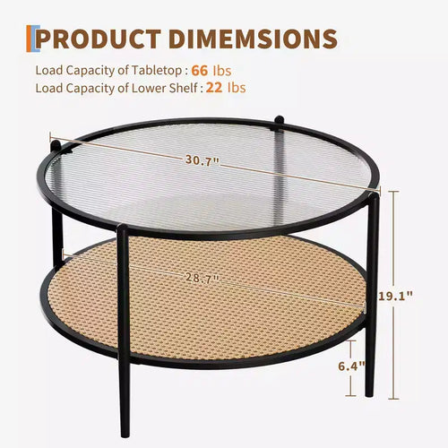 Mesa de café redonda de 30" con estante de almacenamiento de 2 niveles, cubierta de cristal moderna estilo boho y base de metal, mesa de cóctel circular estilo rústico para sala de estar