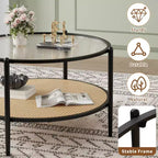 Mesa de café redonda de 30" con estante de almacenamiento de 2 niveles, cubierta de cristal moderna estilo boho y base de metal, mesa de cóctel circular estilo rústico para sala de estar