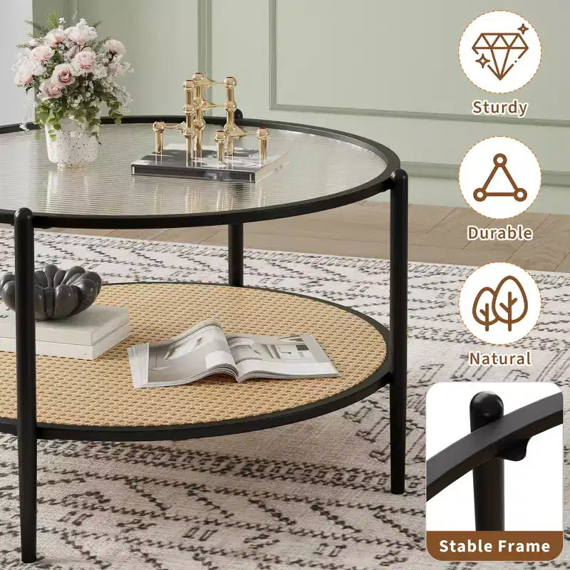 Mesa de café redonda de 30" con estante de almacenamiento de 2 niveles, cubierta de cristal moderna estilo boho y base de metal, mesa de cóctel circular estilo rústico para sala de estar