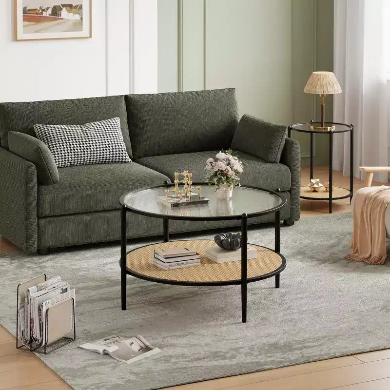 Mesa de café redonda de 30" con estante de almacenamiento de 2 niveles, cubierta de cristal moderna estilo boho y base de metal, mesa de cóctel circular estilo rústico para sala de estar