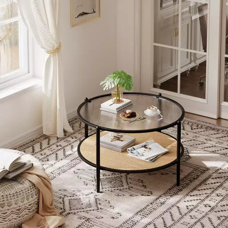 Mesa de café redonda de 30" con estante de almacenamiento de 2 niveles, cubierta de cristal moderna estilo boho y base de metal, mesa de cóctel circular estilo rústico para sala de estar
