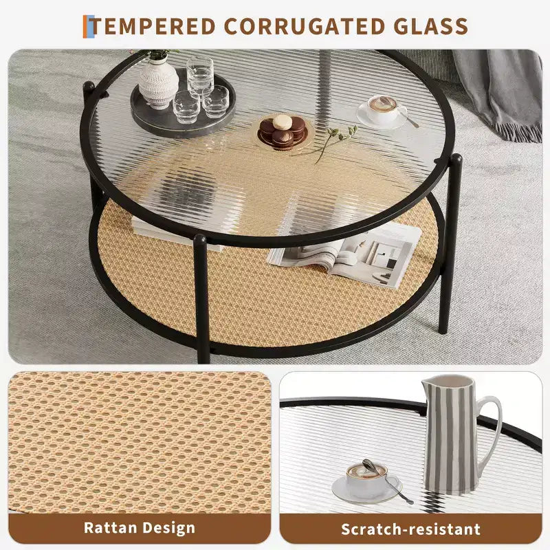 Mesa de café redonda de 30" con estante de almacenamiento de 2 niveles, cubierta de cristal moderna estilo boho y base de metal, mesa de cóctel circular estilo rústico para sala de estar