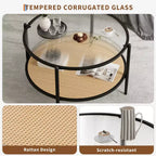 Mesa de café redonda de 30" con estante de almacenamiento de 2 niveles, cubierta de cristal moderna estilo boho y base de metal, mesa de cóctel circular estilo rústico para sala de estar