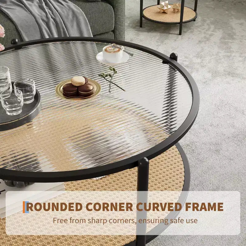 Mesa de café redonda de 30" con estante de almacenamiento de 2 niveles, cubierta de cristal moderna estilo boho y base de metal, mesa de cóctel circular estilo rústico para sala de estar