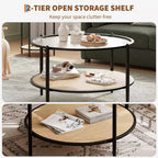Mesa de café redonda de 30" con estante de almacenamiento de 2 niveles, cubierta de cristal moderna estilo boho y base de metal, mesa de cóctel circular estilo rústico para sala de estar