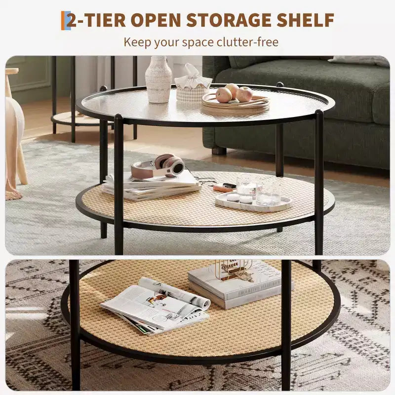 Mesa de café redonda de 30" con estante de almacenamiento de 2 niveles, cubierta de cristal moderna estilo boho y base de metal, mesa de cóctel circular estilo rústico para sala de estar