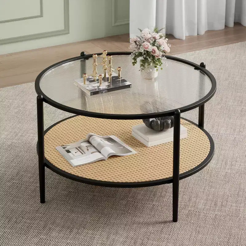 30 Round Coffee Table with 2-Tier Storage Shelf, Modern Boho Glass Top & Metal Base, Farmhouse Circular Cocktail Table for Living Room