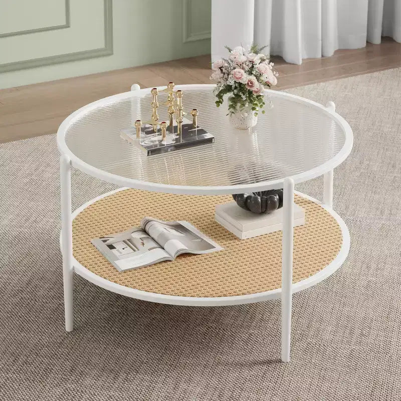 Mesa de café redonda de 30" con estante de almacenamiento de 2 niveles, cubierta de cristal moderna estilo boho y base de metal, mesa de cóctel circular estilo rústico para sala de estar