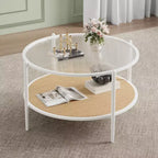 Mesa de café redonda de 30" con estante de almacenamiento de 2 niveles, cubierta de cristal moderna estilo boho y base de metal, mesa de cóctel circular estilo rústico para sala de estar