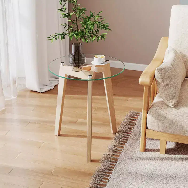Mesa auxiliar moderna de vidrio templado con tablero transparente y estructura de madera de caucho