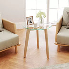 Mesa auxiliar moderna de vidrio templado con tablero transparente y estructura de madera de caucho