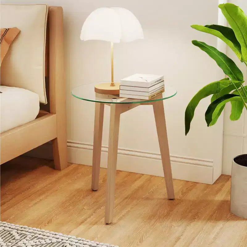 Mesa auxiliar moderna de vidrio templado con tablero transparente y estructura de madera de caucho