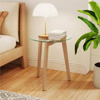 Mesa auxiliar moderna de vidrio templado con tablero transparente y estructura de madera de caucho