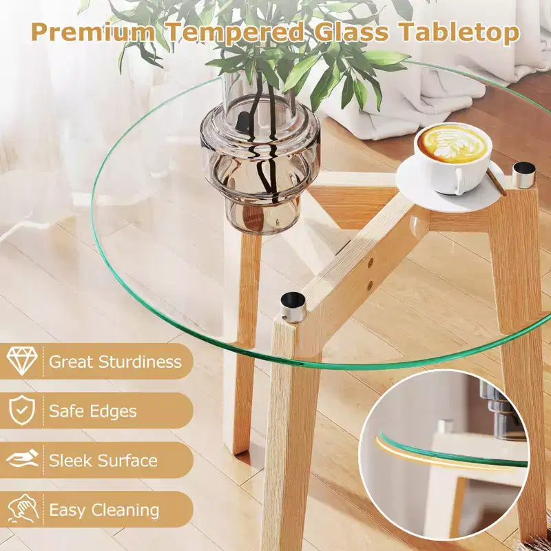 Mesa auxiliar moderna de vidrio templado con tablero transparente y estructura de madera de caucho